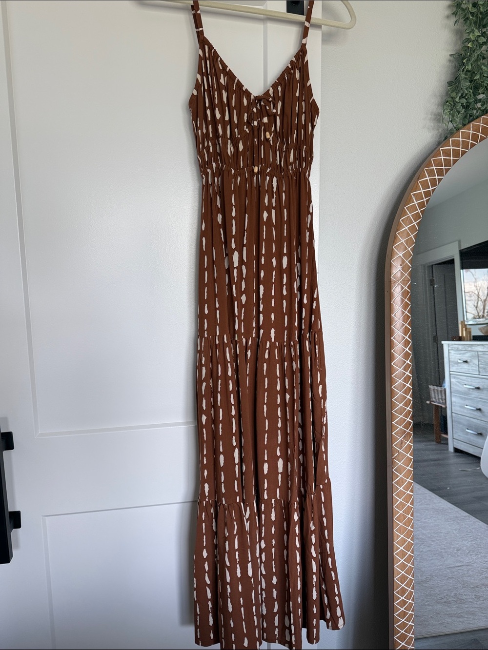 Sleeveless Brown Printed Tiered Maxi Dress with Smocked Waist